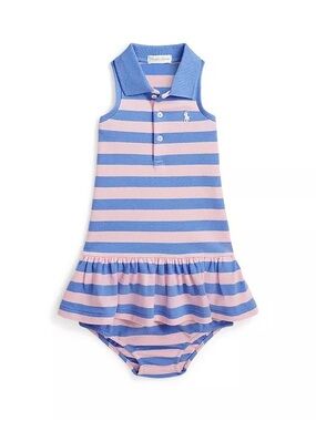 Ralph Lauren Baby Girl Polo Dress 12M Pink Blue Striped w Bloomers EUC